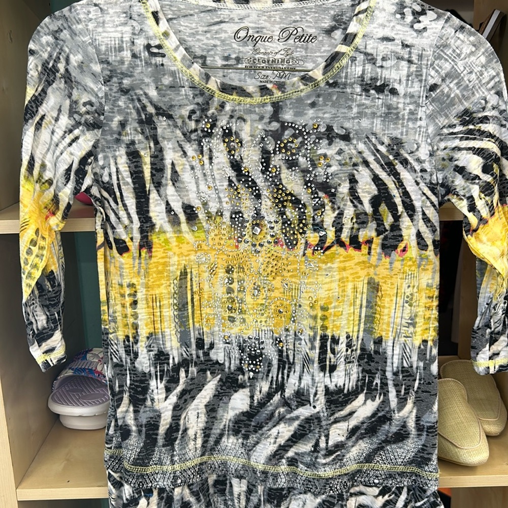 Onque Casuals Yellow, Black & White Printed Blouse with Embellishments
